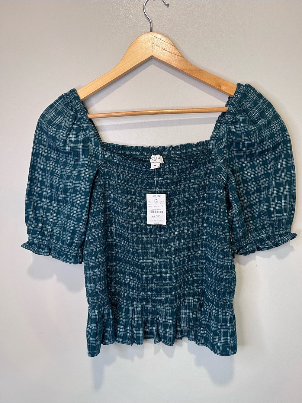 J. Crew Teal Plaid Smocked Off-Shoulder Top